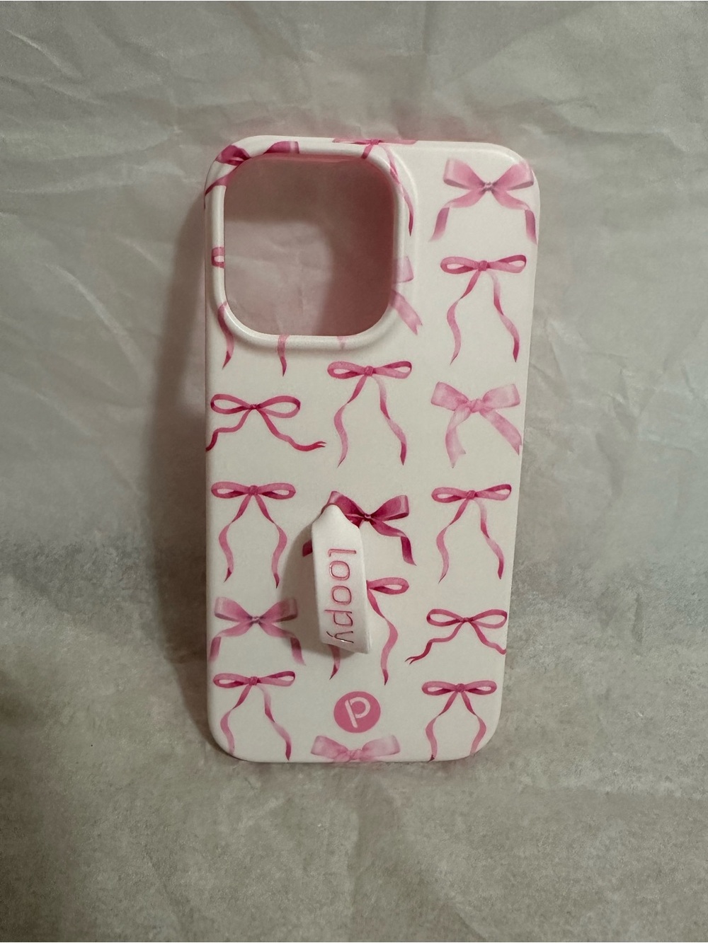 Loopy Case “Pink Bows” White Phone Case with Pink Bow Pattern and Loop Grip